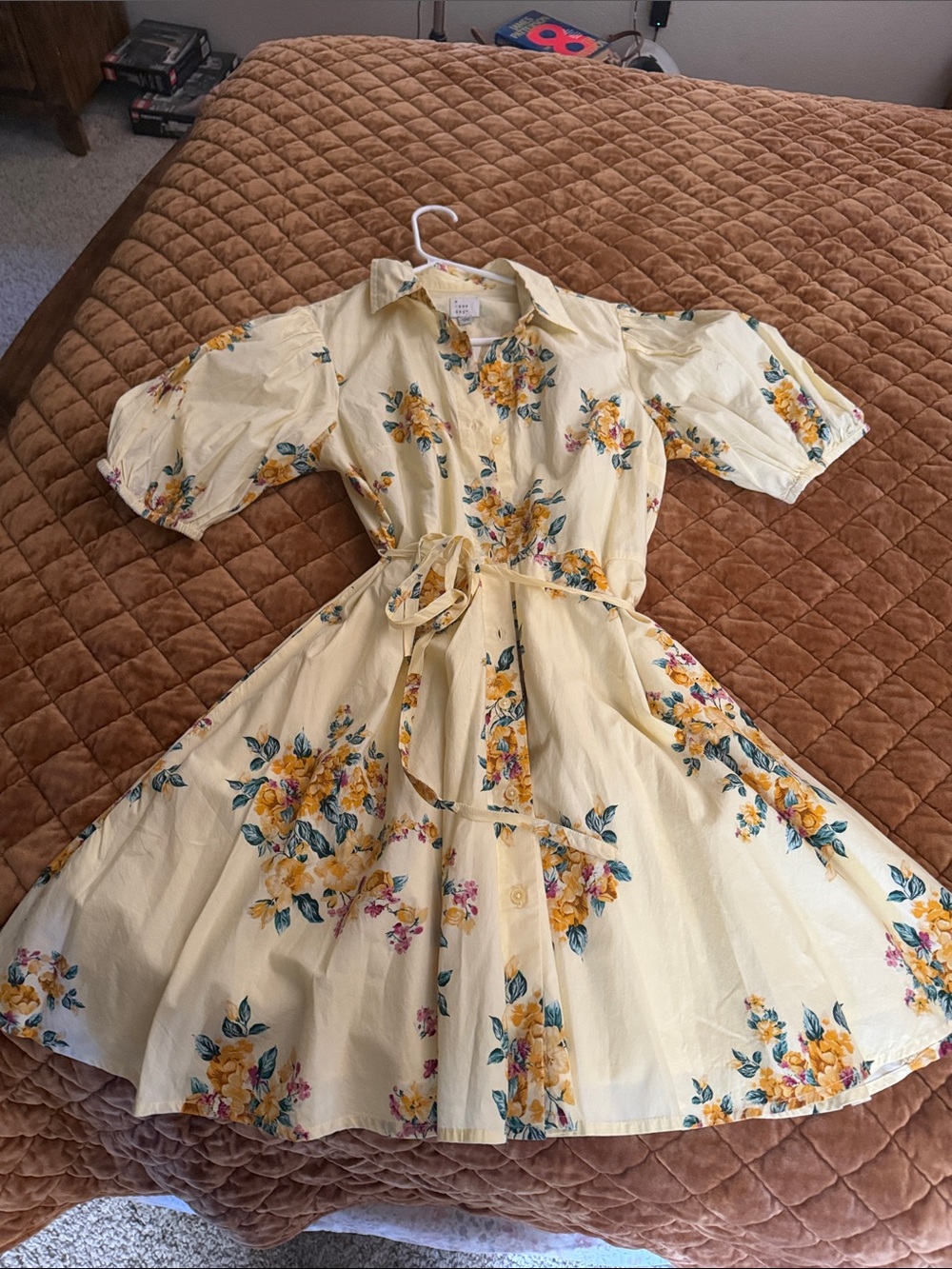 Girls Yellow Floral Shirtwaist Dress with Tie Belt